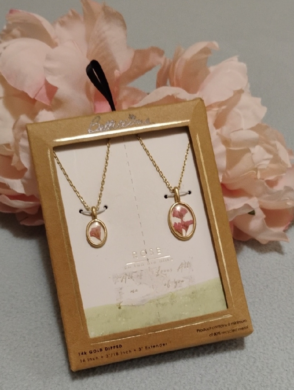 BELLISSIMA Gold-Tone Pink Floral Pendant Necklace Set